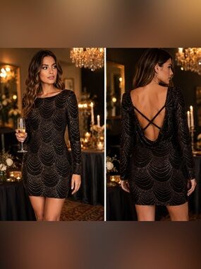 Privy Black Glitter Open Back Bodycon Mini Dress Long Sleeve Party Cocktail M